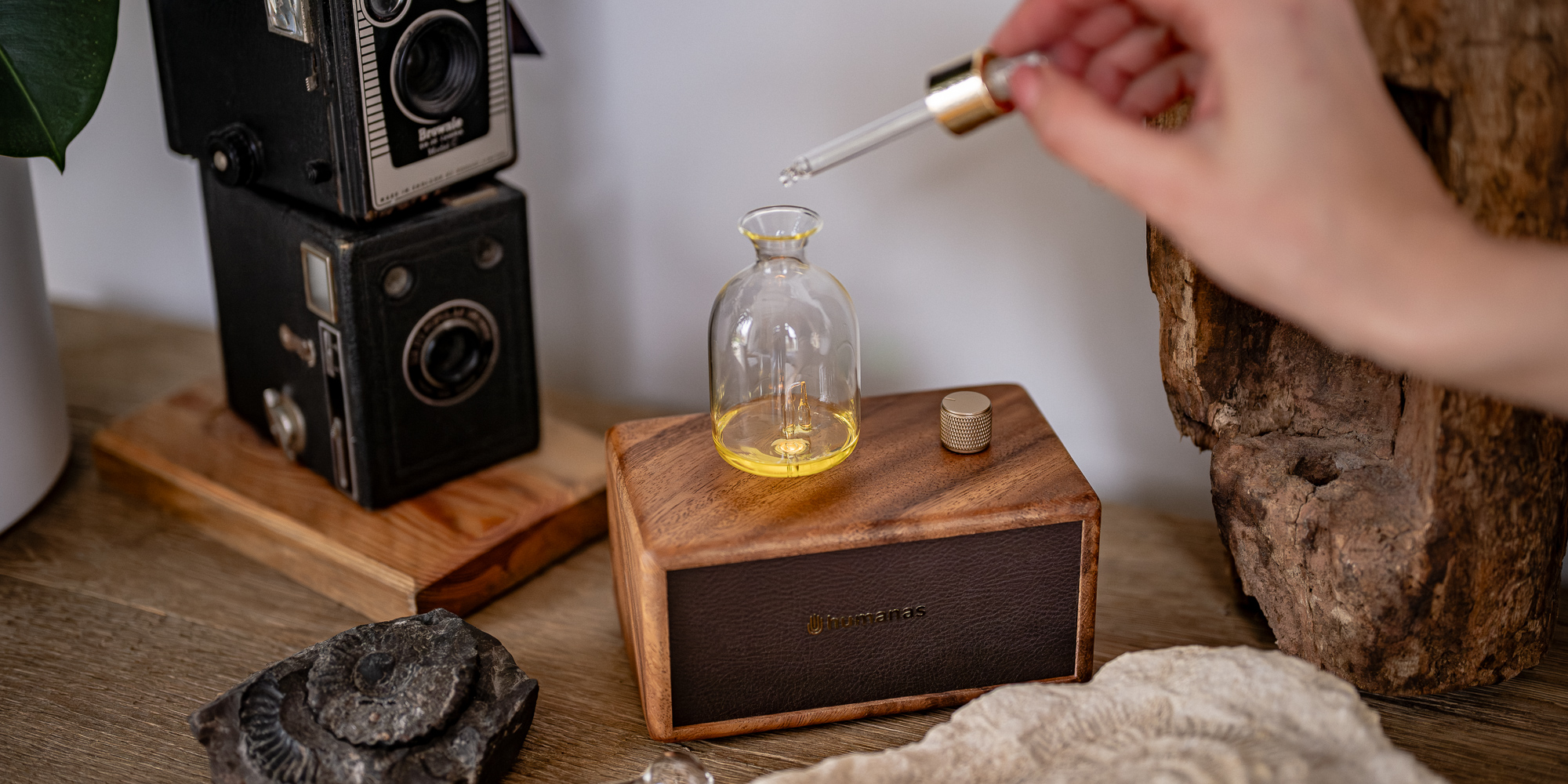 width=100% Dyfuzor olejków, aromatyzer zapachowy Humanas Natural Wood - drewno orzecha włoskiego